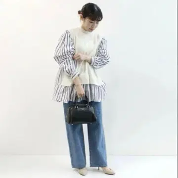 새상품 MICA&DEAL 베스트 도킹 플레어 블라우스 스트라이프 화이트