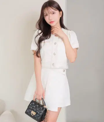 립 서비스 체크 무늬 셋업 트위드 플리츠 스커트