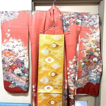 핑크 골드 후리소데 오비 복숭아색 골드 컬러 성인식