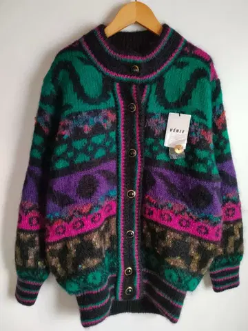 미사용 니트 자켓 기하학 패턴 블랙 빈티지 그린