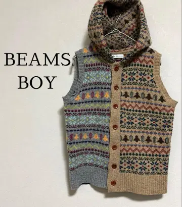 [ BEAMS BOY ] 울 100% 노르딕 무늬 후드 부착 니트 베스트