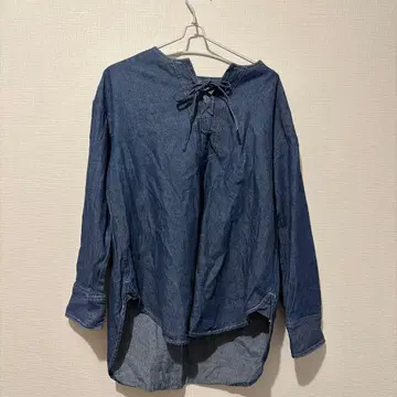 natural&standard 데님 블루 리본 포함 긴팔 면 100 셔츠