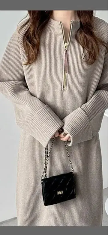 2WAY 하프 지퍼 니트 원피스 베이지