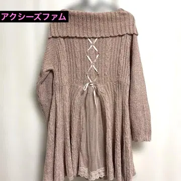 엑시즈팜 오프숄더 핑크 니트 백리본 레이스