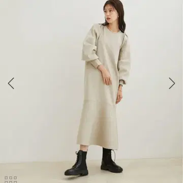 퍼프 슬리브 롱 원피스 베이지 폴리에스테르