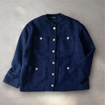 앙코키뉴 트위드 노카라 자켓 골드 버튼 프린지 네이비