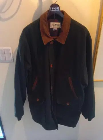 LL Bean 옷깃 가죽 울 자켓 XL 다크 그린