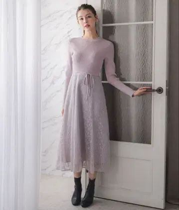 니트 원피스 긴팔 레이스 핑크