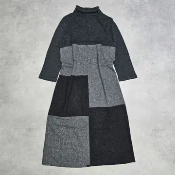 패치워크풍 롱 원피스 터틀넥 모노톤