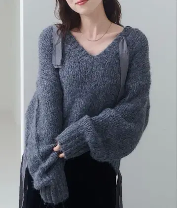 카스타네 리본 테이프 로우 게이지 숏 니트