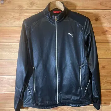 PUMA 일본제 트랙 자켓 L 블랙 인조 가죽 절개 로고 지퍼 포켓