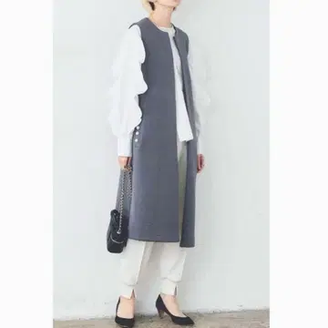 포켓 펄 장식 본딩 롱 베스트 그레이 frene