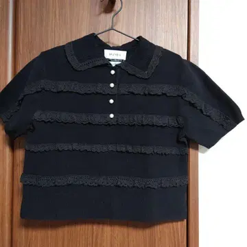 택 포함 MUVEIL 레이스 보더 폴로 니트 36 Black 프릴 펄