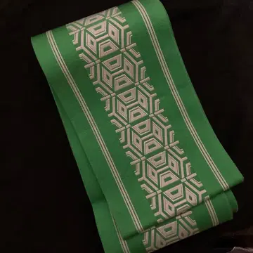 하카타 오리 꽃 그린 파랑 반폭 오비