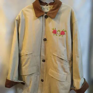 쇼와 레트로 미사용 새상품 장미 자수 베이지 코튼 자켓 (안감 퀼팅)