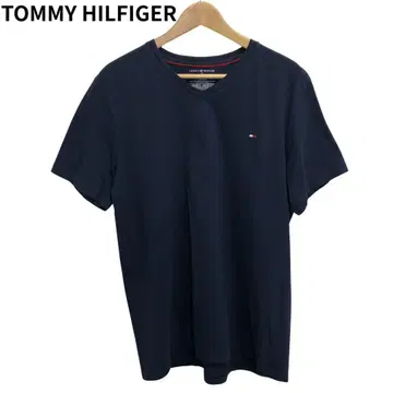 타미힐피거 원 포인트 로고 자수 반팔 네이비 T셔츠 V넥