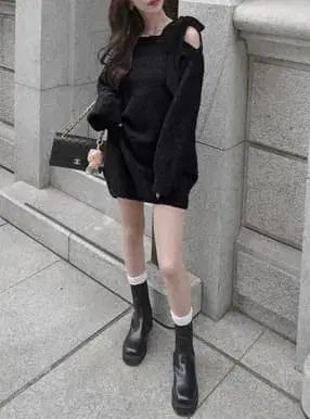 원 숄더 벨로아 리본 니트 미니 원피스 [dr796] black