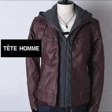 TETE HOMME 후드티 레이어드 스타일 지퍼 라이더 자켓 (보르도)