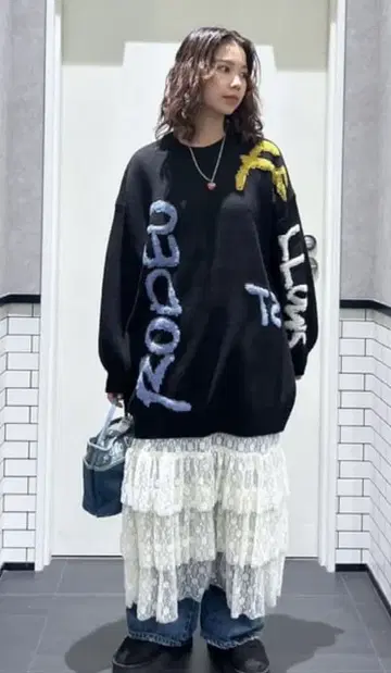 로데오 크라운 신상 레터링 로고 니트 원피스 BLACK