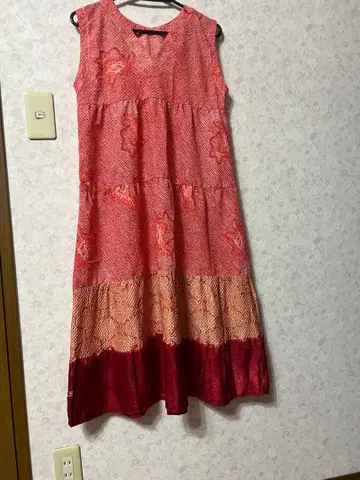 기모노 리메이크 슬리브리스 티어드 원피스 빨간색 M 사이즈