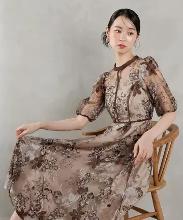 Kana 파티 드레스 꽃무늬 자수 드레스 브라운 L 사이즈