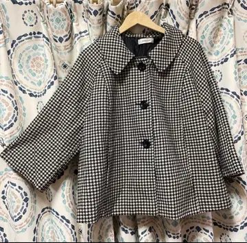 새상품 하운드투스 체크 패턴 울 혼방 7부 소매 코트 루즈핏 3L A라인