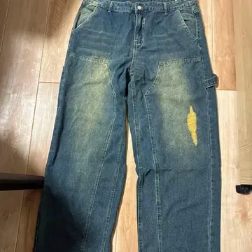 데미지 가공 다크 블루 데님 와이드 레그