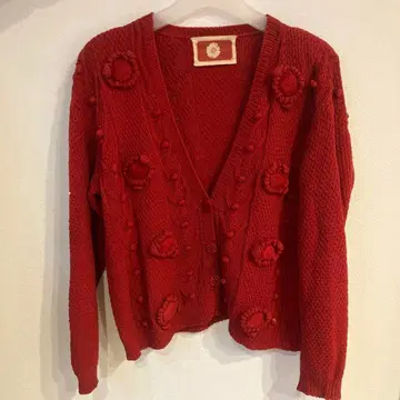 핑크하우스 데이지 마가렛 꽃 모티브 빨간색 가디건