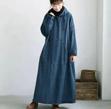 후드 부착 데님풍 롱 원피스