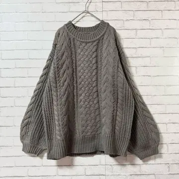 [ 디스코트 ] 벌룬 슬리브 케이블 니트 M 크루넥 오버 사이즈