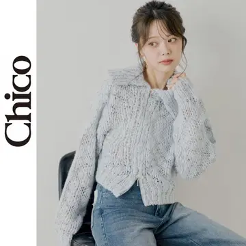 Chico 로우 게이지 아지메 지퍼 루즈 니트 블루 니트