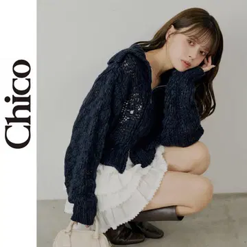 Chico 치코 로우 게이지 아지메 지퍼 루즈 니트 네이비