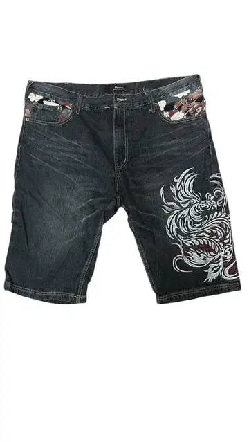 드래곤 자수 다크 데님 하프 팬츠