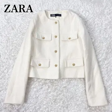 ZARA 노카라 크롭 블레이저 플랩 골드 버튼 화이트 M
