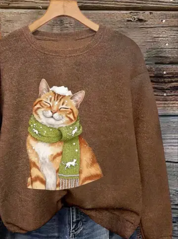 머플러 고양이 부드러운 니트 XL 고양이 패턴 브라운