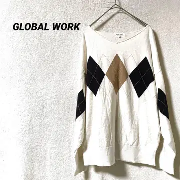 3782K 글로벌 워크 긴팔 니트 스웨터 화이트 풀오버 V넥
