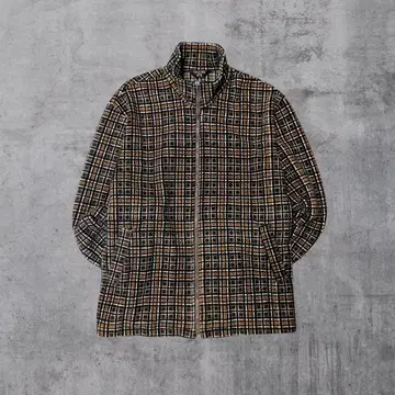 80s 플리스 집업 블루종 체크 스탠드 카라 브라운