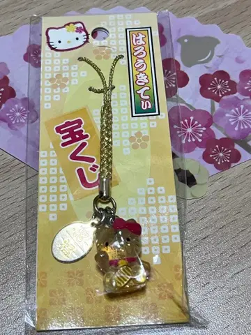 헬로키티 복권 스트랩 골드 라메 마네키네코