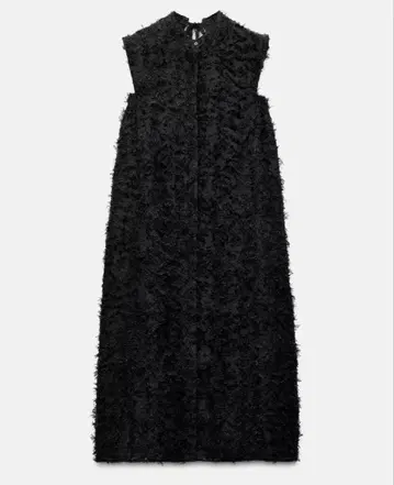 미사용 새상품 ZARA 프린지 볼륨 미디 기장 원피스 블랙