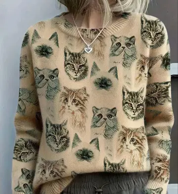 고양이 패턴 귀여운 니트 베이지 M 고양이 니트