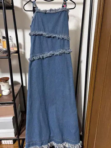 데님 프린지 슬리브리스 롱 원피스