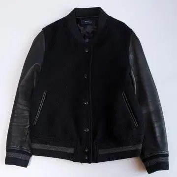 맥피 램 가죽 이종 소재 절개 바시티 자켓 38 모헤어&알파카 혼방 블랙