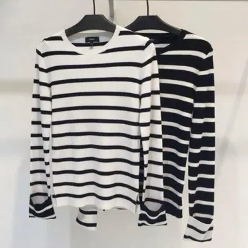 [ Theory ] 보더 리브 니트 크루넥 절개 바이컬러 화이트 블랙