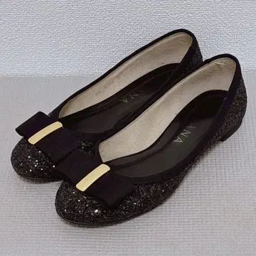 DIANA 리본 그로그랭 플랫슈즈 라메 글리터 22.5 블랙