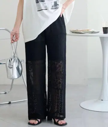 새상품 디스코트 패치워크 레이스 팬츠 블랙