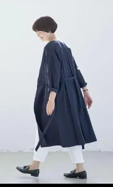 코튼 린넨 노카라 코트 네이비