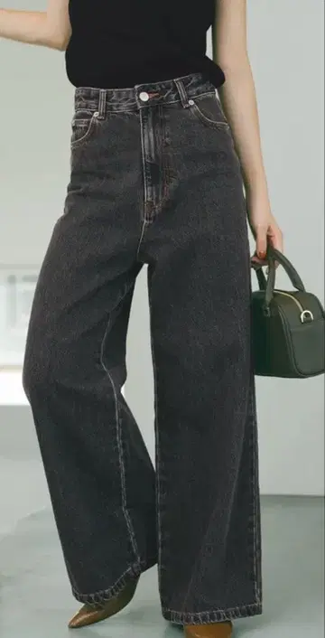 KUROKI DENIM 플레어 와이드-short-M/워시 블랙