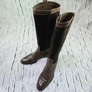 브라운 가죽과 스웨이드의 다크 브라운 롱 부츠 24cm