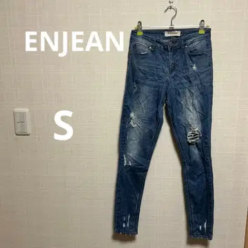 ENJEAN 데미지 스키니 데님 팬츠 하이웨스트 슬림 레그 스트레치