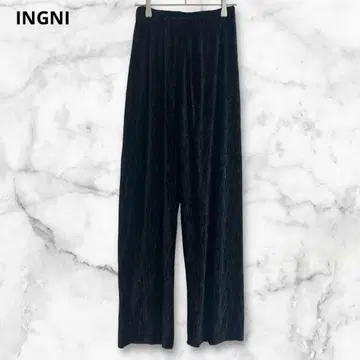 잉그 블랙 와이드 팬츠 벨로아 원단 플리츠 허리밴딩 M 심플